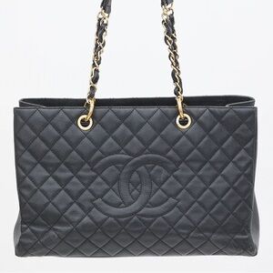 Chanel Interlocking CC Logo Black Quilted Caviar Leather Grand Shopper Tote Bag